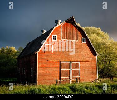 Grande granaio rosso e nuvole di tempesta, Whitman County, Washington, USA. Foto Stock