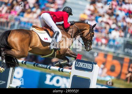 Tiffany Foster del Canada partecipa alla FEI Nations Cup a Langley, il 4 giugno 2023. Foto Stock