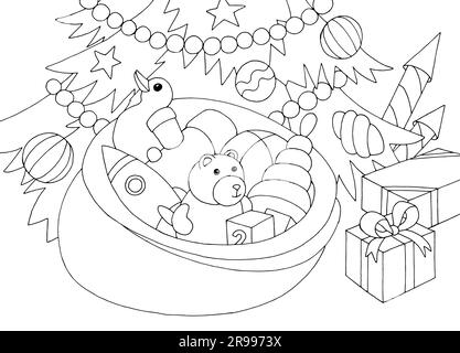 Borsa regalo sotto l'albero di Natale, grafica, nero, bianco, arredamento per Capodanno, disegno isolato, vettore di illustrazione Illustrazione Vettoriale