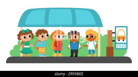 Bambini su una fermata dell'autobus che aspettano lo scuolabus. Icona di arresto del bus vettoriale. Stazione dei trasporti pubblici Cartoon. Punto di partenza per i trasporti in città o in campagna W Illustrazione Vettoriale