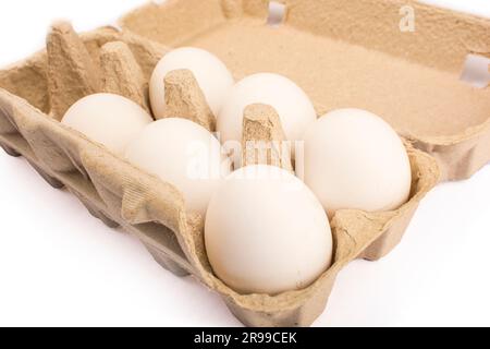 sei sei uova in un vassoio di cartone per dieci 10 uova isolate Foto Stock