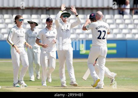 Chris Rushworth del Warwickshire festeggia con i suoi compagni di squadra dopo aver preso il wicket di Feroze Khushi durante Essex CCC vs Warwickshire CCC, LV Insur Foto Stock