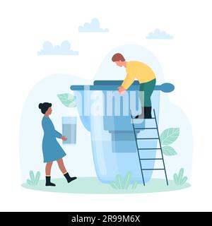 Illustrazione del vettore di purificazione e filtrazione dell'acqua. Cartoni animati le persone più piccole utilizzano un enorme filtro al carbonio in caraffa per pulire l'acqua potabile, tenere il bicchiere da bere e testare la qualità delle attrezzature purificatori Illustrazione Vettoriale