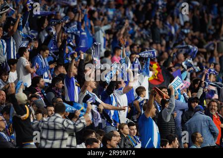 BARCELLONA - 14 MAGGIO: Tifosi dell'Espanyol durante la partita di LaLiga tra l'RCD Espanyol e il FC Barcelona allo stadio RCDE il 14 maggio 2023 a Barcellona Foto Stock