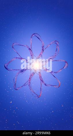 Il fiore liquido Dynamic Purple Swirls su sfondo blu con particelle volanti Foto Stock
