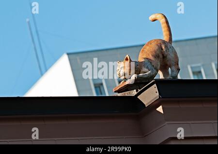 La scultura del gatto zenzero sul tetto della vecchia casa di Kiev, Ucraina Foto Stock