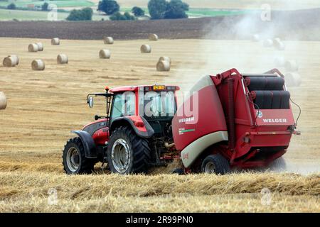 Lavori agricoli. Il raccolto in Lorena. Regione Grand Est, Francia Foto Stock