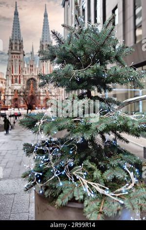 Bellissimo albero di Natale decorato con San Cattedrale cattolica di Kiev, Ucraina Foto Stock