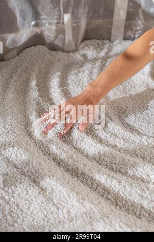 Produzione di sake giapponese: Mani con grani di riso per la produzione di sake giapponese. Prefettura di Hyogo, Giappone Foto Stock