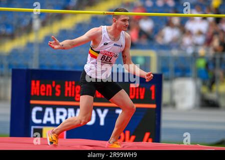 Chorchow, Polonia. 25 giugno 2023. Thomas Carmoy nel salto in alto raffigurato in azione durante i Campionati europei di atletica a squadre, a Chorchow, Slesia, Polonia, domenica 25 giugno 2023. Il Team Belgium partecipa alla prima divisione dal 23 al 25 giugno. BELGA PHOTO ERIK VAN LEEUWEN Credit: Belga News Agency/Alamy Live News Foto Stock
