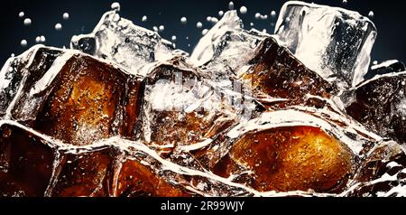 Cola con ghiaccio. Primo piano dei cubetti di ghiaccio nell'acqua cola. Consistenza di bevanda carbonatica con bolle in vetro. Cola soda e schizzi di ghiaccio che fischiano o galleggiano Foto Stock