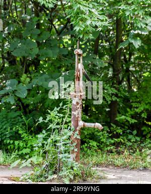 Pompa per pozzi d'acqua arrugginita in metallo vecchio e vintage Foto Stock