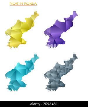 Serie di mappe poligonali vettoriali della Corea del Nord. Mappa del paese con gradiente luminoso in basso stile polietilene. Illustrazione Vettoriale