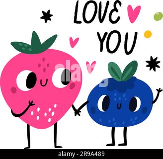 Grazioso emblema del personaggio di Fruit. Coppia felice. Abbracci di fragole e mirtilli da cartoni animati. Carta da mascotte per il cibo divertente. Amore e romanticismo. Bacche mature con Illustrazione Vettoriale
