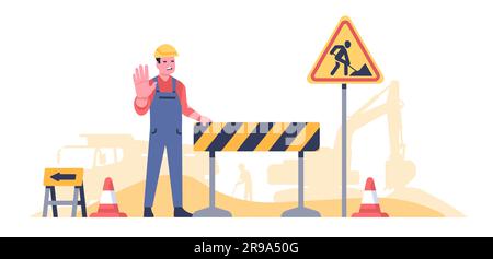 Il lavoratore stradale vieta il passaggio perché sono in corso lavori di riparazione stradale. Lavori di ristrutturazione dell'autostrada. Segnaletica barriera o scavo stradale. Ingegneria stradale Illustrazione Vettoriale