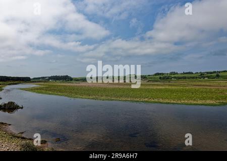 Le distese fangose e i ciottoli esposti durante la bassa marea presso il fiume North Esk vicino alla sua foce nel Mare del Nord, con Eskview Farm e Caravan Park sul retro Foto Stock