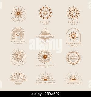 Logo Sun. Stemmi o emblemi con stile lineare e alla moda Starburst e modelli decorativi vettoriali recenti Illustrazione Vettoriale