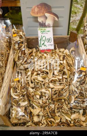 Firenze, Italia - 22 novembre 2022: Funghi Porcini freschi in vendita al mercato centrale indoor Foto Stock