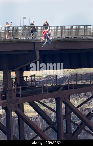 Due persone fanno un salto in tandem dal Perrine Bridge a Twin Falls, Idaho. Foto Stock