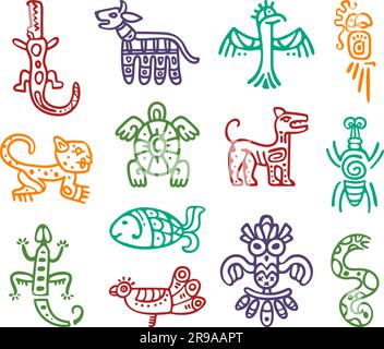Elementi isolati totem Maya aztec. Segni idoli del Sud america, aquila e pesci. Icone indigene astratte tribali messicane. Decorazioni vettoriali di classe Illustrazione Vettoriale