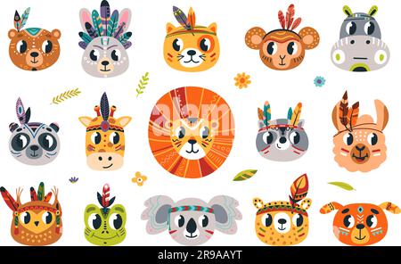 Facce di animali tribali, avatar di animali doodle in stile boho. Raccoon, gatto e koala, panda carino e cane. Adesivi isolati per bambini di classe elementi vettoriali Illustrazione Vettoriale