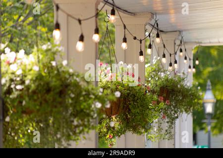Cestini appesi sul portico anteriore con luci decorative, Grafton, Vermont, USA Foto Stock