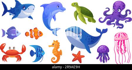 Abitanti subacquei. Cartoni animati gli animali acquatici abitano la natura marina, adorabili pesci creature oceaniche personaggi animali marini polpo di calamari di granchio, ingegnosa illustrazione vettoriale di marine sottomarine Illustrazione Vettoriale