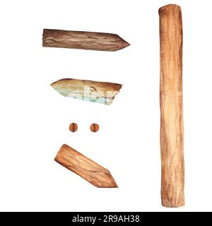 Set di vecchie frecce in legno segni distintivi per il design dei cartelli segnaletici isolati su sfondo bianco. Illustrazione ad acquerello disegnata a mano. Foto Stock