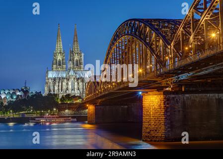Cattedrale di Colonia e ponte Hohenzollern sul Reno dopo il tramonto Foto Stock