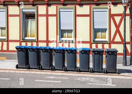 Cassonetti fuori sulla strada di una vecchia casa in attesa di servizi igienico-sanitari Foto Stock