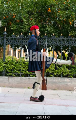 Atene, Grecia - 24 novembre 2021: Giovani Evzones in formazione sul retro di Piazza Syntagma. Gli Evzones sono le guardie presidenziali nazionali greche. Foto Stock