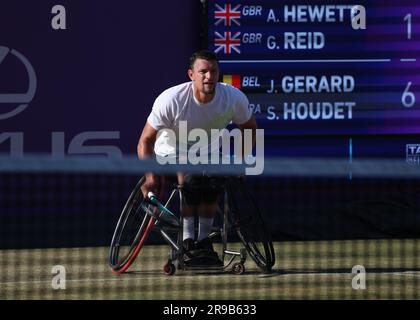 25 giugno 2023; Cinch Championships, Queens Club, West Kensington, Londra, Inghilterra: Cinch Championships Queens Club, 7° giorno; Joachim Gerard (BEL) durante la finale di doppio su sedia a rotelle Foto Stock