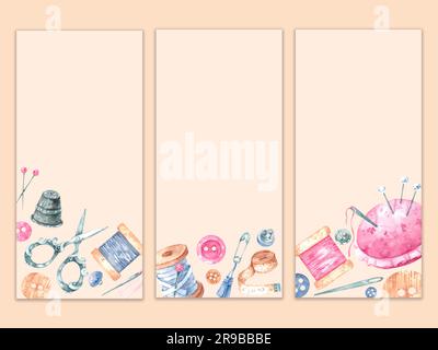 Mockup di etichette sartoriali con accessori per cucire. Cucito ad acquerello disegnato a mano. Layout per cucire con filettature, spole, aghi, perni. Foto Stock