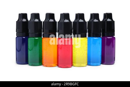 Bottiglia di vetro di colorante alimentare giallo su fondo bianco Foto  stock - Alamy