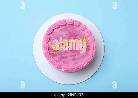 Scuse. Torta con parola scusate di crema su sfondo azzurro, vista dall'alto Foto Stock