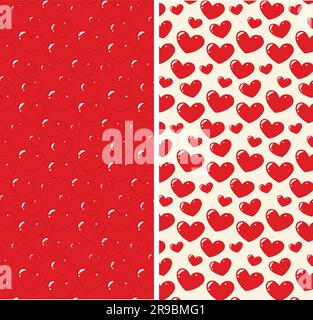 Set di 2 motivi senza cuciture con cuori in stile cartoni animati in tonalità trendy. Buon San Valentino. Isolare. Design per la confezione, lo sfondo, il biglietto di auguri o di invito, il prezzo, l'etichetta o il Web. Vettore. EPS Illustrazione Vettoriale