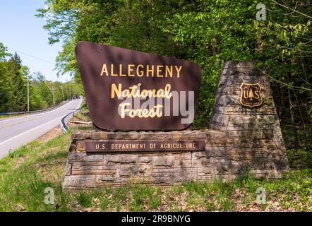 L'indicazione Allegheny National Forest si trova sulla State Route 62 a Tionesta, Pennsylvania, USA, in un soleggiato giorno primaverile Foto Stock