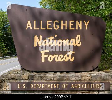 L'indicazione Allegheny National Forest si trova sulla State Route 62 a Tionesta, Pennsylvania, USA, in un soleggiato giorno primaverile Foto Stock