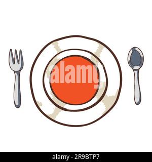 Svuotare la piastra con cucchiaio e forchetta. Illustrazione vettoriale in stile cartone animato. Illustrazione Vettoriale