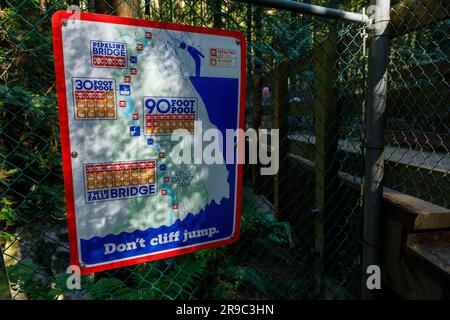 Vista del cartello di avvertimento, non saltare dalla scogliera vicino alla cascata Twin Falls Lynn Canyon Park nella parte nord di Vancouver. Elenco delle vittime e delle lesioni nel corso degli anni. Foto Stock