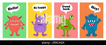 Cartoni animati e carte mostri divertenti con testo. Set di carini biglietti d'auguri o di invito. Siate felici. Buona fortuna. Illustrazione vettoriale. Illustrazione Vettoriale