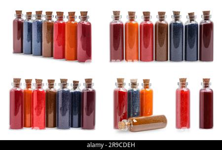 Molti diversi coloranti in polvere di alimenti in flaconi isolati su bianco, design collage Foto Stock