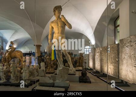 Il David di Michelangelo ha temporaneamente una bandiera Ucraina nella sala d'ingresso dell'Albertinum a Dresda, Germania Foto Stock