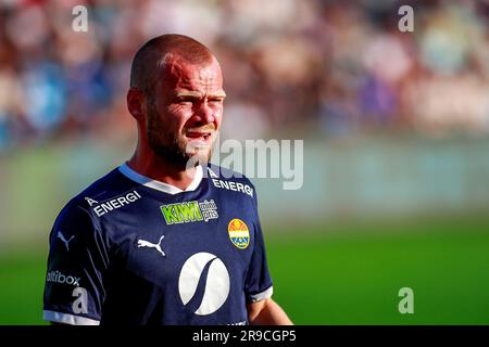 Drammen, Norvegia, 25 giugno 2023. Herman Stengel di Strømsgodset nella partita tra Strømsgodset e Bodø/Glimt allo stadio Marienlyst di Drammen. Crediti: Frode Arnesen/Alamy Live News Foto Stock