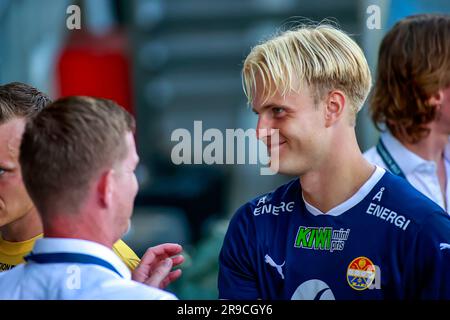 Drammen, Norvegia, 25 giugno 2023. Jonatan Braut Brunes di Strømsgodset era felice dopo la partita tra Strømsgodset e Bodø/Glimt allo stadio Marienlyst di Drammen. Crediti: Frode Arnesen/Alamy Live News Foto Stock