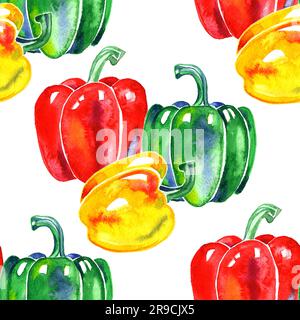 Motivo acquerello senza cuciture con peperone giallo rosso e verde. Foto Stock