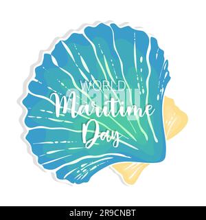 Scritta sulla conchiglia della giornata Mondiale del Mare, disegnata a mano. Illustrazione vettoriale Illustrazione Vettoriale