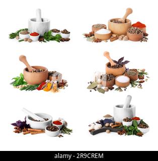 Mortai con spezie ed erbe su sfondo bianco, design collage Foto Stock