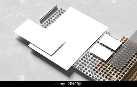 La cancelleria di identità aziendale si presenta isolata su sfondo di stile moderno. Simulate l'identità di branding. Illustrazione 3D Foto Stock