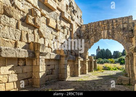 Parco archeologico greco-romano di Tindari. Rovine dell'edificio del Gymnasium, o basilica in epoca romana. Patti, Sicilia, Italia, Europa Foto Stock